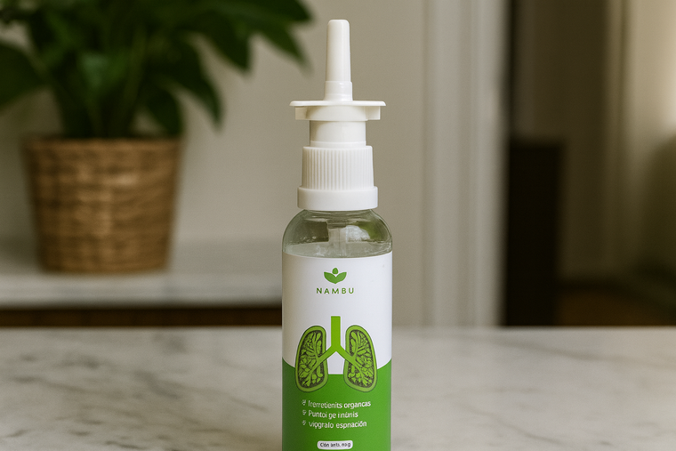 Frasco de Spray Nasal de Nambu sobre un mesón, en casa