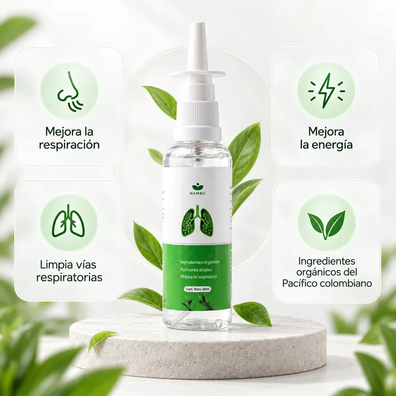 Frasco de Spray Nasal de Nambu entre hojas verdes, rodeado de sus beneficios