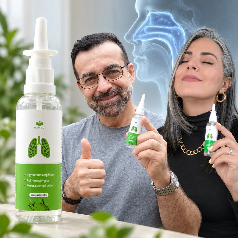 Un hombre y una mujer sostienen el Spray Nasal de Nambu junto al frasco de 60 ml, con un esquema de las vías nasales