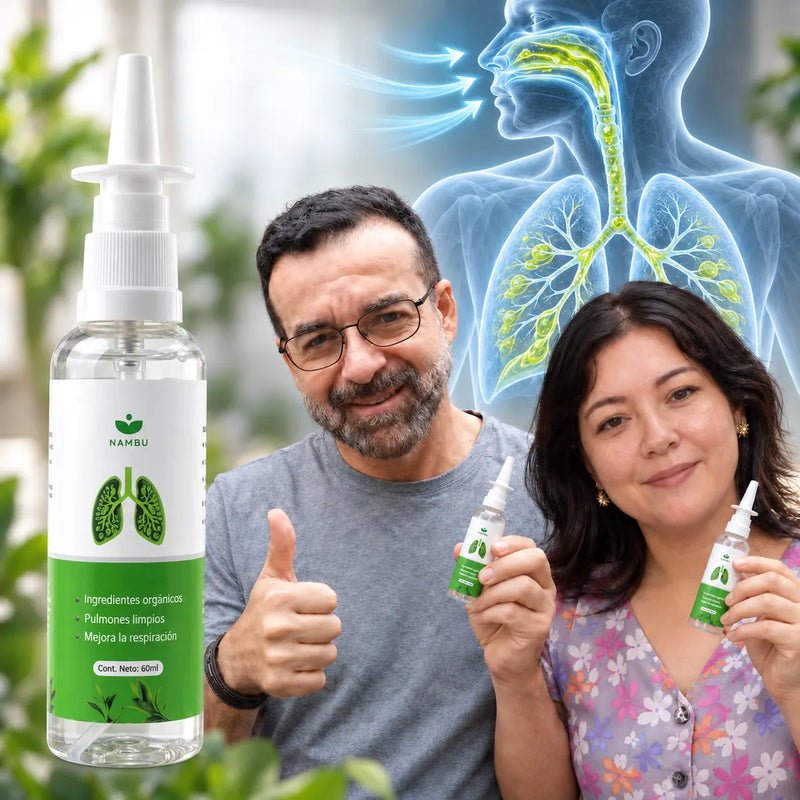 Un hombre y una mujer sostienen el Spray Nasal de Nambu junto al frasco de 60 ml, con un esquema de las vías respiratorias