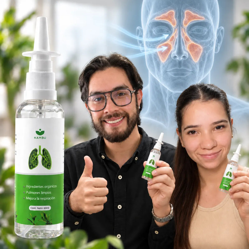 Un hombre y una mujer sostienen el Spray Nasal de Nambu junto al frasco de 60 ml, con un esquema de los senos paranasales
