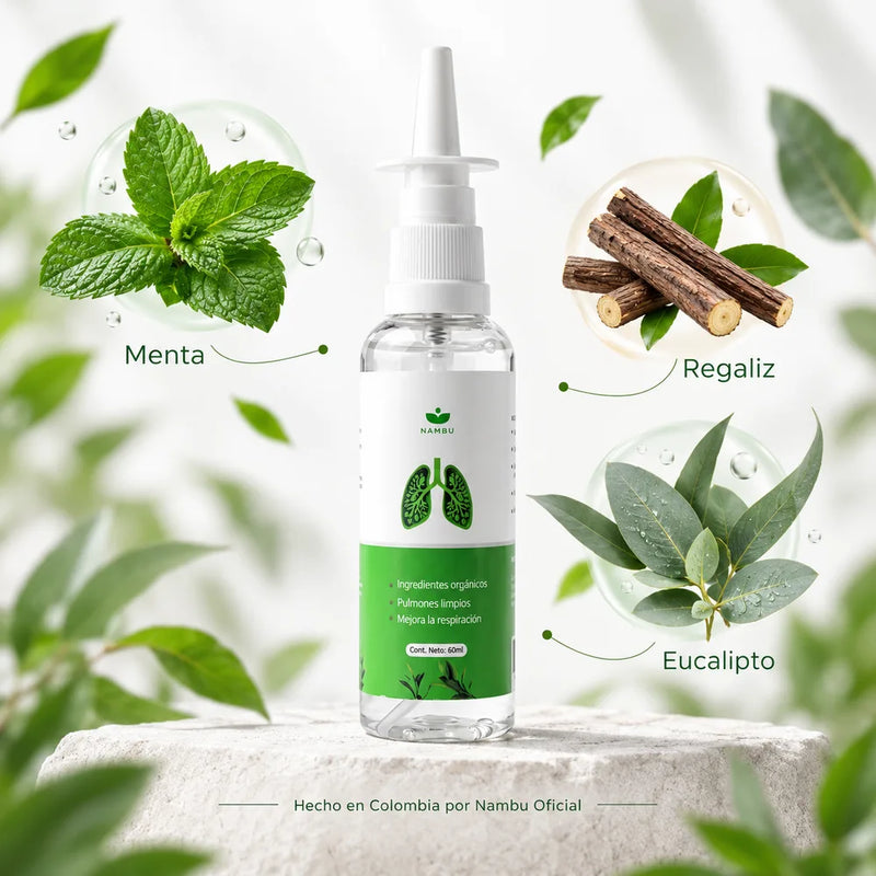 Frasco de Spray Nasal de Nambu junto a menta, regaliz y eucalipto